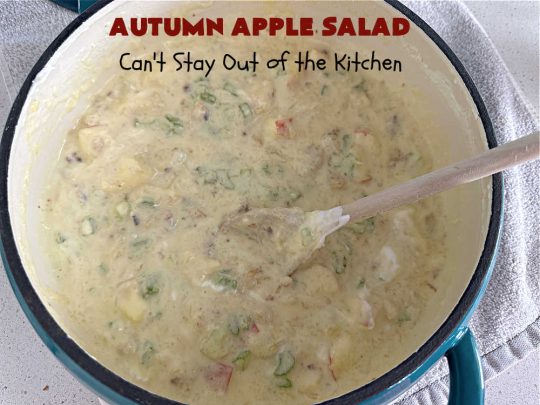 Autumn Apple Salad | Can't Stay Out of the Kitchen | If you're looking for a tasty & delicious side #salad for a #FourthOfJuly or #LaborDay #picnic, this one's terrific. It's a lovely #CongealedSalad made with #LemonJellO, #apples, #celery, #pineapple, #walnuts, #CreamCheese & #CoolWhip. Serve it on a bed of #lettuce & it's nice enough for fancy #dinners! This #GlutenFree #recipe can be made in advance making it perfect for #holidays, company or weeknight dinners. #AutumnAppleSalad