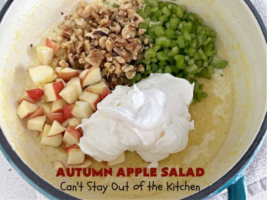 Autumn Apple Salad | Can't Stay Out of the Kitchen | If you're looking for a tasty & delicious side #salad for a #FourthOfJuly or #LaborDay #picnic, this one's terrific. It's a lovely #CongealedSalad made with #LemonJellO, #apples, #celery, #pineapple, #walnuts, #CreamCheese & #CoolWhip. Serve it on a bed of #lettuce & it's nice enough for fancy #dinners! This #GlutenFree #recipe can be made in advance making it perfect for #holidays, company or weeknight dinners. #AutumnAppleSalad
