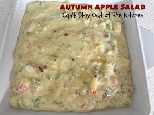 Autumn Apple Salad | Can't Stay Out of the Kitchen | If you're looking for a tasty & delicious side #salad for a #FourthOfJuly or #LaborDay #picnic, this one's terrific. It's a lovely #CongealedSalad made with #LemonJellO, #apples, #celery, #pineapple, #walnuts, #CreamCheese & #CoolWhip. Serve it on a bed of #lettuce & it's nice enough for fancy #dinners! This #GlutenFree #recipe can be made in advance making it perfect for #holidays, company or weeknight dinners. #AutumnAppleSalad