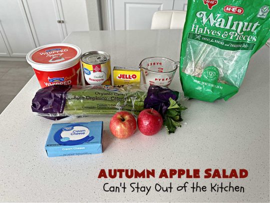 Autumn Apple Salad | Can't Stay Out of the Kitchen | If you're looking for a tasty & delicious side #salad for a #FourthOfJuly or #LaborDay #picnic, this one's terrific. It's a lovely #CongealedSalad made with #LemonJellO, #apples, #celery, #pineapple, #walnuts, #CreamCheese & #CoolWhip. Serve it on a bed of #lettuce & it's nice enough for fancy #dinners! This #GlutenFree #recipe can be made in advance making it perfect for #holidays, company or weeknight dinners. #AutumnAppleSalad