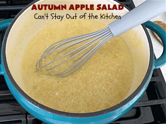 Autumn Apple Salad | Can't Stay Out of the Kitchen | If you're looking for a tasty & delicious side #salad for a #FourthOfJuly or #LaborDay #picnic, this one's terrific. It's a lovely #CongealedSalad made with #LemonJellO, #apples, #celery, #pineapple, #walnuts, #CreamCheese & #CoolWhip. Serve it on a bed of #lettuce & it's nice enough for fancy #dinners! This #GlutenFree #recipe can be made in advance making it perfect for #holidays, company or weeknight dinners. #AutumnAppleSalad