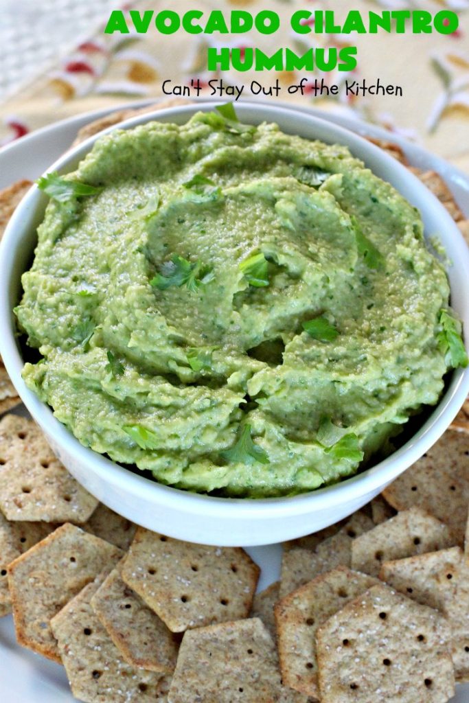 Avocado Cilantro Hummus | Can't Stay Out of the Kitchen | this fantastic #TexMex #appetizer is irresistible. It includes #avocados, #ChickPeas, #Cilantro & a little #Jalapeno. It's terrific for #tailgating parties, potlucks, #LaborDay parties or anytime you want a #healthy, #LowCalorie, #GlutenFree, #Vegan & delicious snack. Serve with #VeggieDippers for a #CleanEating #recipe. #AvocadoCilantroHummus #hummus #GarbanzoBeans #VeganAppetizer #GlutenFreeAppetizer