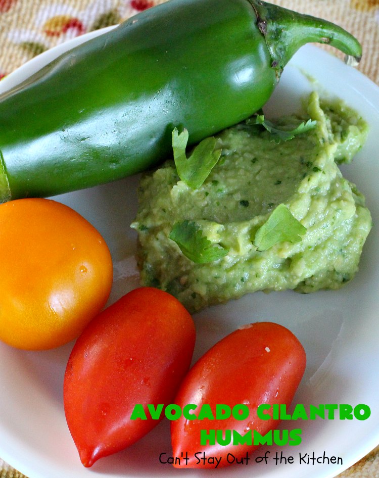 Avocado Cilantro Hummus | Can't Stay Out of the Kitchen | this fantastic #TexMex #appetizer is irresistible. It includes #avocados, #ChickPeas, #Cilantro & a little #Jalapeno. It's terrific for #tailgating parties, potlucks, #LaborDay parties or anytime you want a #healthy, #LowCalorie, #GlutenFree, #Vegan & delicious snack. Serve with #VeggieDippers for a #CleanEating #recipe. #AvocadoCilantroHummus #hummus #GarbanzoBeans #VeganAppetizer #GlutenFreeAppetizer