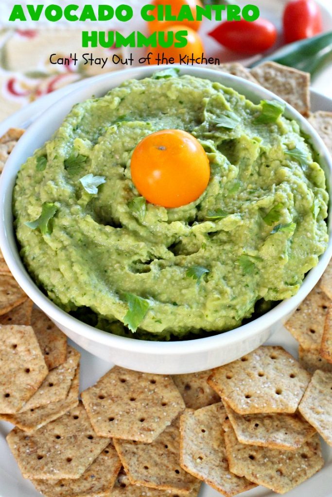 Avocado Cilantro Hummus | Can't Stay Out of the Kitchen | this fantastic #TexMex #appetizer is irresistible. It includes #avocados, #ChickPeas, #Cilantro & a little #Jalapeno. It's terrific for #tailgating parties, potlucks, #LaborDay parties or anytime you want a #healthy, #LowCalorie, #GlutenFree, #Vegan & delicious snack. Serve with #VeggieDippers for a #CleanEating #recipe. #AvocadoCilantroHummus #hummus #GarbanzoBeans #VeganAppetizer #GlutenFreeAppetizer