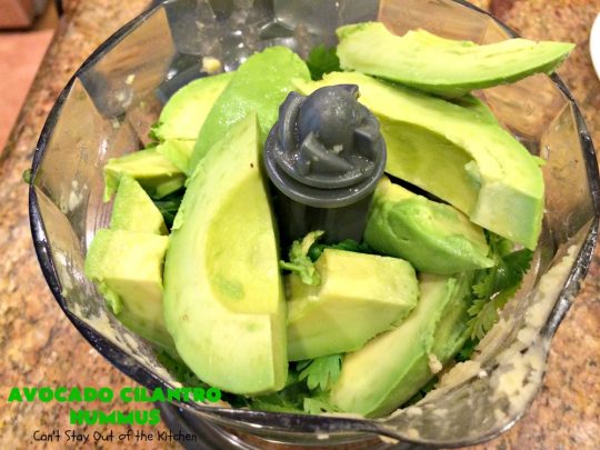 Avocado Cilantro Hummus | Can't Stay Out of the Kitchen | this fantastic #TexMex #appetizer is irresistible. It includes #avocados, #ChickPeas, #Cilantro & a little #Jalapeno. It's terrific for #tailgating parties, potlucks, #LaborDay parties or anytime you want a #healthy, #LowCalorie, #GlutenFree, #Vegan & delicious snack. Serve with #VeggieDippers for a #CleanEating #recipe. #AvocadoCilantroHummus #hummus #GarbanzoBeans #VeganAppetizer #GlutenFreeAppetizer