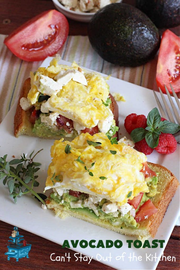 Avocado Toast | Can't Stay Out of the Kitchen | this fantastic #TexMex #recipe is made with #HawaiianBread #avocados, #FetaCheese, #ScrambledEggs or #PoachedEggs & #PicoDeGallo or #tomatoes. It's a spectacular #breakfast for weekends, company or even #holidays. It can be easily made to order to each person's preference. It's wonderful made with with #Guacamole & Pico. This breakfast entree is hearty, satisfying & filling. #HolidayBreakfast #AvocadoToast