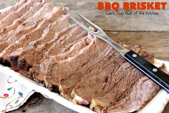 BBQ Brisket | Can't Stay Out of the Kitchen | best #BBQBrisket ever! This 5-ingredient recipe is perfect for summer #holiday fun like #MemorialDay, #FathersDay, #FourthofJuly or #LaborDay. Step-by-step pictures on how to cut the #brisket after it's cooked. #Beef #BBQ