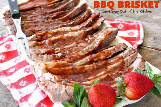 BBQ Brisket | Can't Stay Out of the Kitchen | best #BBQBrisket ever! This 5-ingredient recipe is perfect for summer #holiday fun like #MemorialDay, #FathersDay, #FourthofJuly or #LaborDay. Step-by-step pictures on how to cut the #brisket after it's cooked. #Beef #BBQ