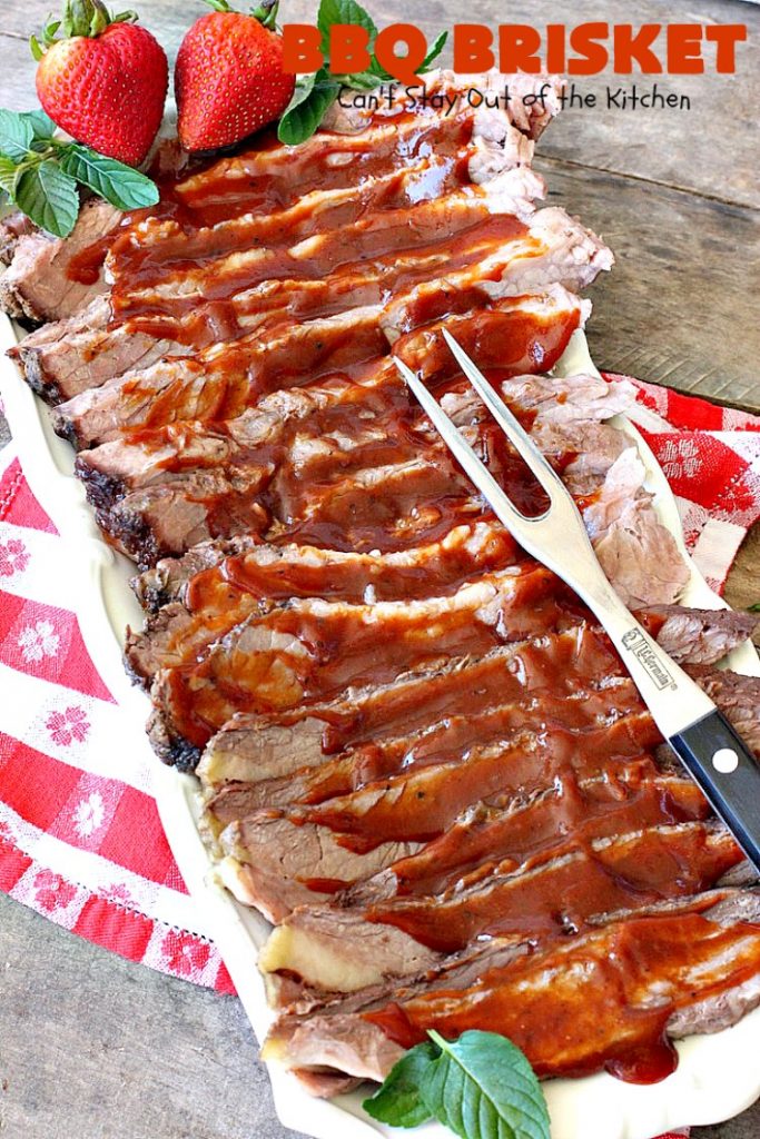 BBQ Brisket | Can't Stay Out of the Kitchen | best #BBQBrisket ever! This 5-ingredient recipe is perfect for summer #holiday fun like #MemorialDay, #FathersDay, #FourthofJuly or #LaborDay. Step-by-step pictures on how to cut the #brisket after it's cooked. #Beef #BBQ