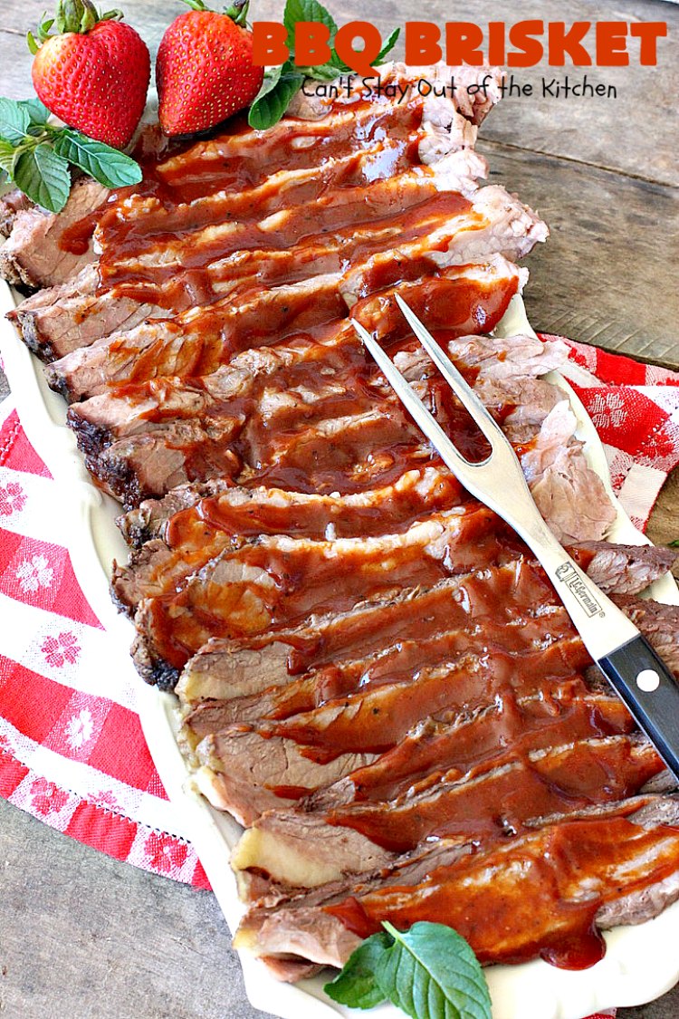 BBQ Brisket | Can't Stay Out of the Kitchen | best #BBQBrisket ever! This 5-ingredient recipe is perfect for summer #holiday fun like #MemorialDay, #FathersDay, #FourthofJuly or #LaborDay. Step-by-step pictures on how to cut the #brisket after it's cooked. #Beef #BBQ