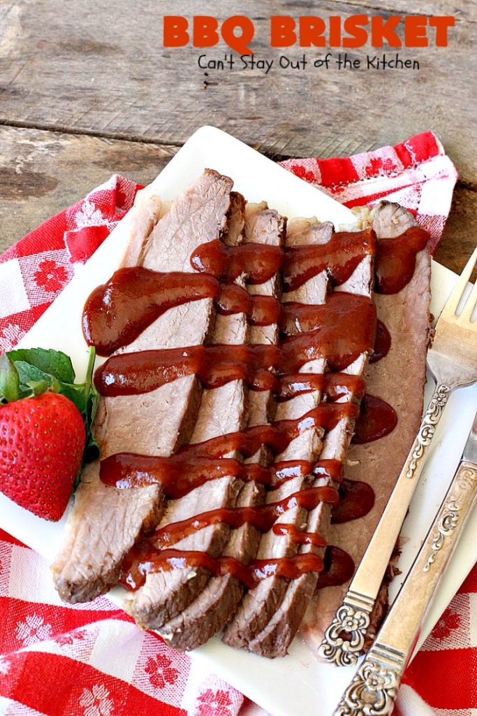 BBQ Brisket | Can't Stay Out of the Kitchen | best #BBQBrisket ever! This 5-ingredient recipe is perfect for summer #holiday fun like #MemorialDay, #FathersDay, #FourthofJuly or #LaborDay. Step-by-step pictures on how to cut the #brisket after it's cooked. #Beef #BBQ