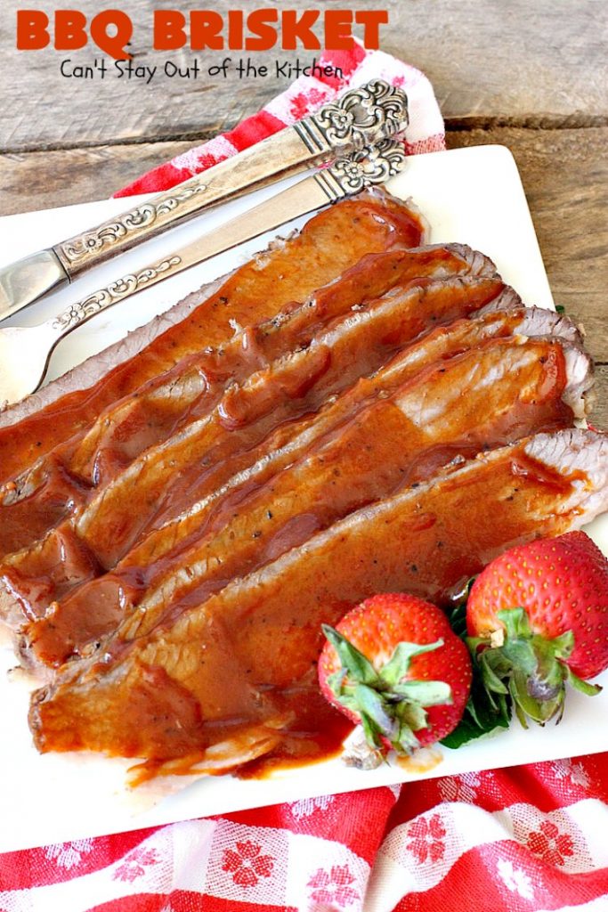 BBQ Brisket | Can't Stay Out of the Kitchen | best #BBQBrisket ever! This 5-ingredient recipe is perfect for summer #holiday fun like #MemorialDay, #FathersDay, #FourthofJuly or #LaborDay. Step-by-step pictures on how to cut the #brisket after it's cooked. #Beef #BBQ