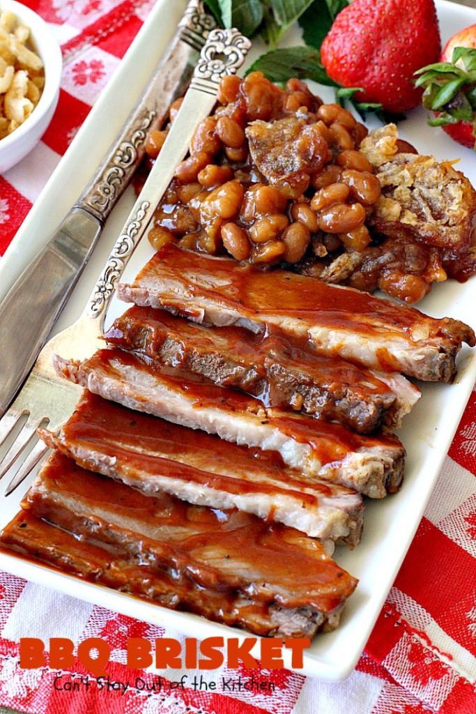 BBQ Brisket | Can't Stay Out of the Kitchen | best #BBQBrisket ever! This 5-ingredient recipe is perfect for summer #holiday fun like #MemorialDay, #FathersDay, #FourthofJuly or #LaborDay. Step-by-step pictures on how to cut the #brisket after it's cooked. #Beef #BBQ