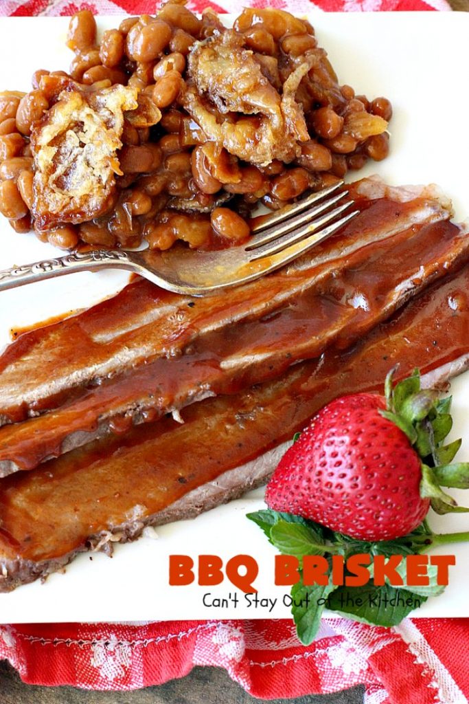 BBQ Brisket | Can't Stay Out of the Kitchen | best #BBQBrisket ever! This 5-ingredient recipe is perfect for summer #holiday fun like #MemorialDay, #FathersDay, #FourthofJuly or #LaborDay. Step-by-step pictures on how to cut the #brisket after it's cooked. #Beef #BBQ