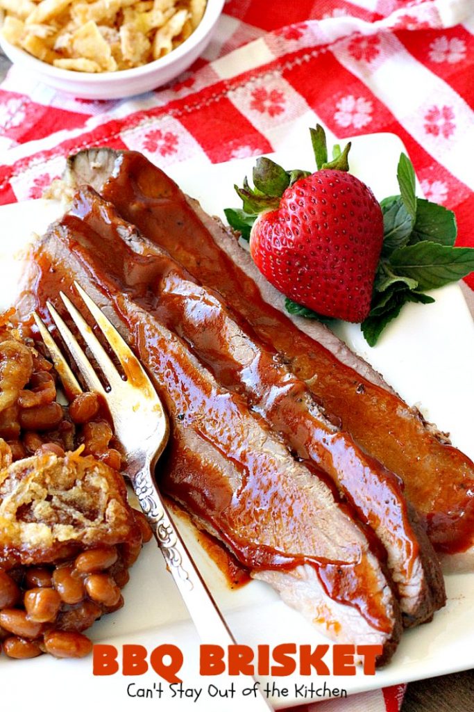 BBQ Brisket | Can't Stay Out of the Kitchen | best #BBQBrisket ever! This 5-ingredient recipe is perfect for summer #holiday fun like #MemorialDay, #FathersDay, #FourthofJuly or #LaborDay. Step-by-step pictures on how to cut the #brisket after it's cooked. #Beef #BBQ