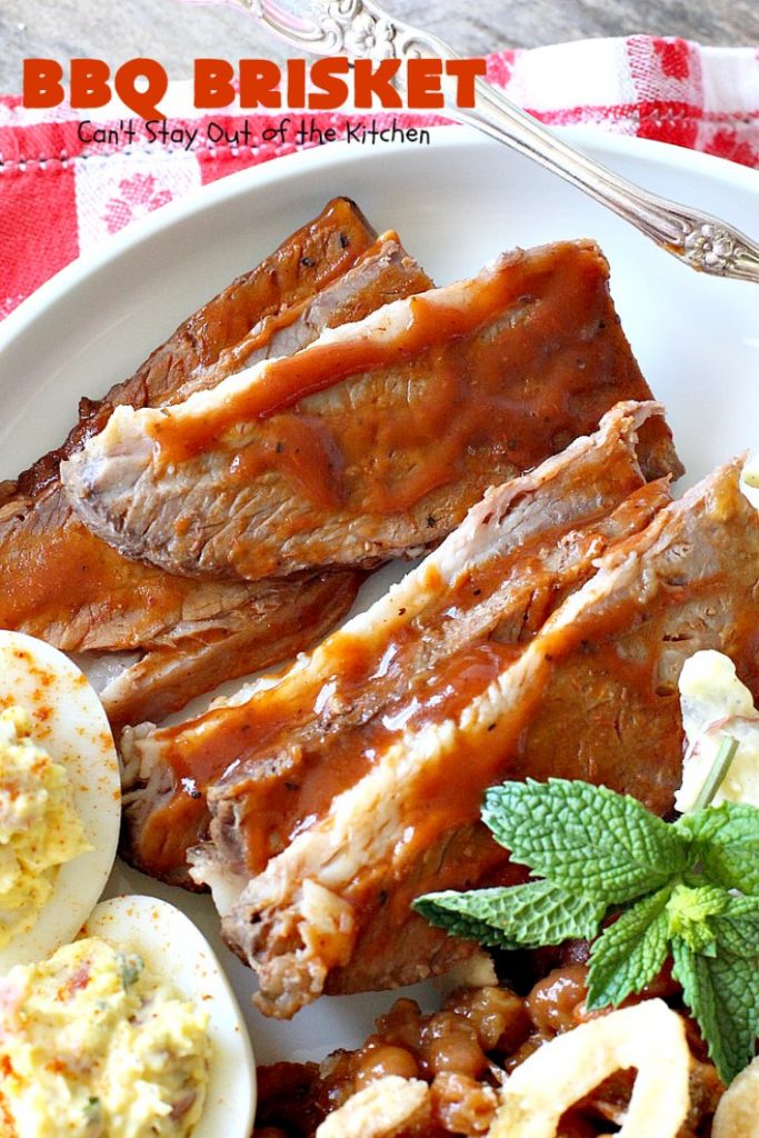 BBQ Brisket | Can't Stay Out of the Kitchen | best #BBQBrisket ever! This 5-ingredient recipe is perfect for summer #holiday fun like #MemorialDay, #FathersDay, #FourthofJuly or #LaborDay. Step-by-step pictures on how to cut the #brisket after it's cooked. #Beef #BBQ