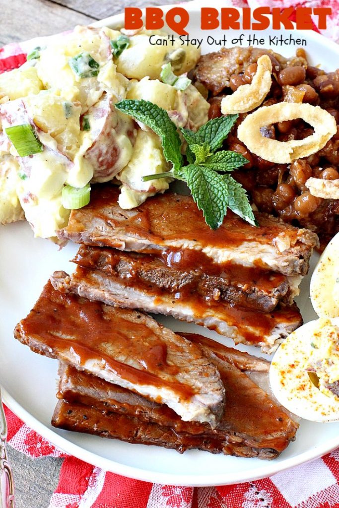 BBQ Brisket | Can't Stay Out of the Kitchen | best #BBQBrisket ever! This 5-ingredient recipe is perfect for summer #holiday fun like #MemorialDay, #FathersDay, #FourthofJuly or #LaborDay. Step-by-step pictures on how to cut the #brisket after it's cooked. #Beef #BBQ