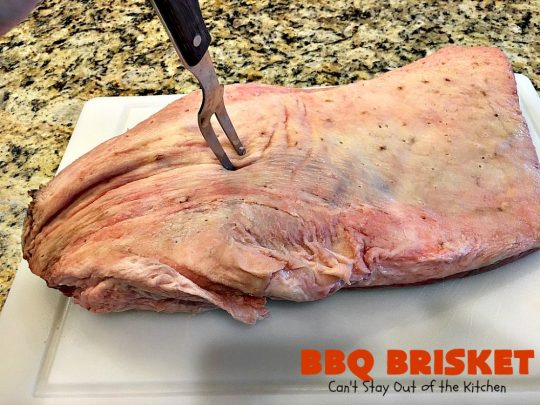 BBQ Brisket | Can't Stay Out of the Kitchen | best #BBQBrisket ever! This 5-ingredient recipe is perfect for summer #holiday fun like #MemorialDay, #FathersDay, #FourthofJuly or #LaborDay. Step-by-step pictures on how to cut the #brisket after it's cooked. #Beef #BBQ