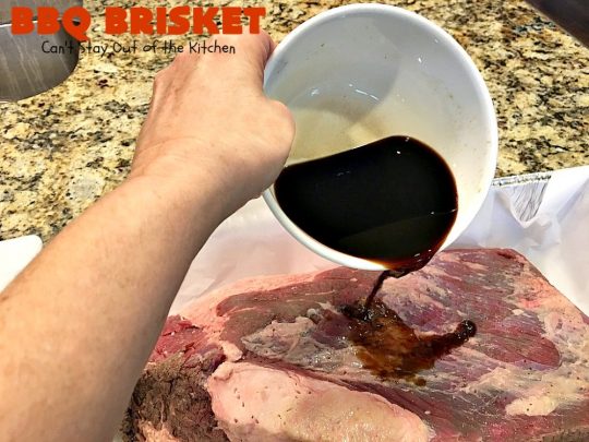 BBQ Brisket | Can't Stay Out of the Kitchen | best #BBQBrisket ever! This 5-ingredient recipe is perfect for summer #holiday fun like #MemorialDay, #FathersDay, #FourthofJuly or #LaborDay. Step-by-step pictures on how to cut the #brisket after it's cooked. #Beef #BBQ