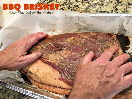 BBQ Brisket | Can't Stay Out of the Kitchen | best #BBQBrisket ever! This 5-ingredient recipe is perfect for summer #holiday fun like #MemorialDay, #FathersDay, #FourthofJuly or #LaborDay. Step-by-step pictures on how to cut the #brisket after it's cooked. #Beef #BBQ