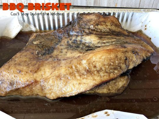 BBQ Brisket | Can't Stay Out of the Kitchen | best #BBQBrisket ever! This 5-ingredient recipe is perfect for summer #holiday fun like #MemorialDay, #FathersDay, #FourthofJuly or #LaborDay. Step-by-step pictures on how to cut the #brisket after it's cooked. #Beef #BBQ
