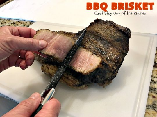 BBQ Brisket | Can't Stay Out of the Kitchen | best #BBQBrisket ever! This 5-ingredient recipe is perfect for summer #holiday fun like #MemorialDay, #FathersDay, #FourthofJuly or #LaborDay. Step-by-step pictures on how to cut the #brisket after it's cooked. #Beef #BBQ