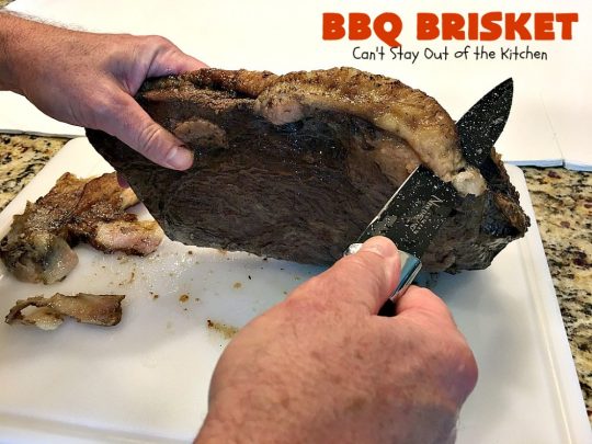 BBQ Brisket | Can't Stay Out of the Kitchen | best #BBQBrisket ever! This 5-ingredient recipe is perfect for summer #holiday fun like #MemorialDay, #FathersDay, #FourthofJuly or #LaborDay. Step-by-step pictures on how to cut the #brisket after it's cooked. #Beef #BBQ