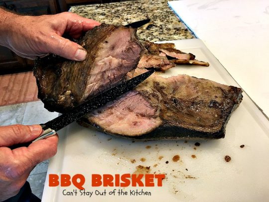 BBQ Brisket | Can't Stay Out of the Kitchen | best #BBQBrisket ever! This 5-ingredient recipe is perfect for summer #holiday fun like #MemorialDay, #FathersDay, #FourthofJuly or #LaborDay. Step-by-step pictures on how to cut the #brisket after it's cooked. #Beef #BBQ