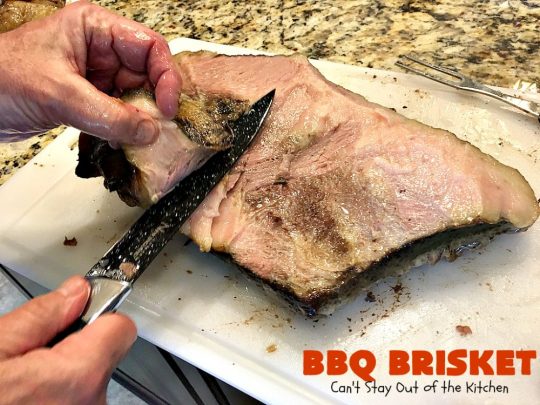 BBQ Brisket | Can't Stay Out of the Kitchen | best #BBQBrisket ever! This 5-ingredient recipe is perfect for summer #holiday fun like #MemorialDay, #FathersDay, #FourthofJuly or #LaborDay. Step-by-step pictures on how to cut the #brisket after it's cooked. #Beef #BBQ