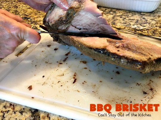 BBQ Brisket | Can't Stay Out of the Kitchen | best #BBQBrisket ever! This 5-ingredient recipe is perfect for summer #holiday fun like #MemorialDay, #FathersDay, #FourthofJuly or #LaborDay. Step-by-step pictures on how to cut the #brisket after it's cooked. #Beef #BBQ