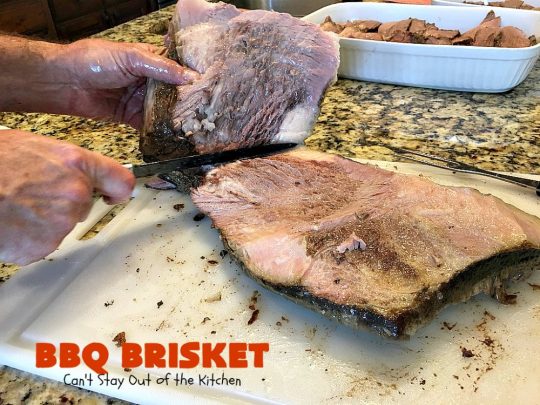 BBQ Brisket | Can't Stay Out of the Kitchen | best #BBQBrisket ever! This 5-ingredient recipe is perfect for summer #holiday fun like #MemorialDay, #FathersDay, #FourthofJuly or #LaborDay. Step-by-step pictures on how to cut the #brisket after it's cooked. #Beef #BBQ