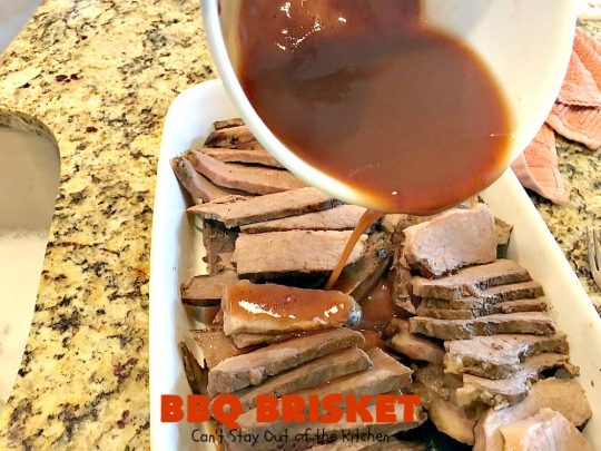 BBQ Brisket | Can't Stay Out of the Kitchen | best #BBQBrisket ever! This 5-ingredient recipe is perfect for summer #holiday fun like #MemorialDay, #FathersDay, #FourthofJuly or #LaborDay. Step-by-step pictures on how to cut the #brisket after it's cooked. #Beef #BBQ