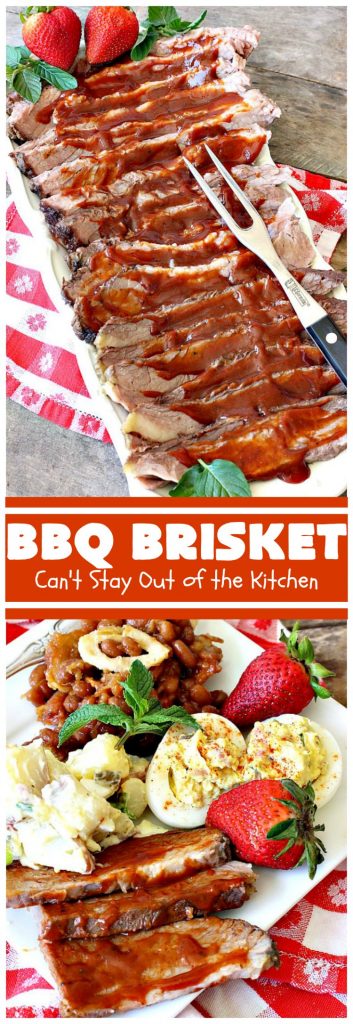 BBQ Brisket | Can't Stay Out of the Kitchen | best #BBQBrisket ever! This 5-ingredient recipe is perfect for summer #holiday fun like #MemorialDay, #FathersDay, #FourthofJuly or #LaborDay. Step-by-step pictures on how to cut the #brisket after it's cooked. #Beef #BBQ