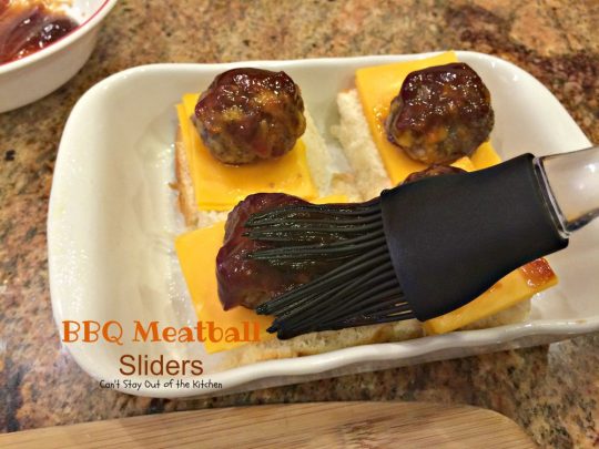 BBQ Meatball Sliders | Can't Stay Out of the Kitchen | these outrageous #sliders are filled with cheesy #meatballs, dipped in #BBQsauce, smothered in #bacon and onions, topped with #cheese on #King'sHawaiianSweetRolls! AMAZING!