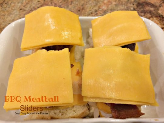 BBQ Meatball Sliders | Can't Stay Out of the Kitchen | these outrageous #sliders are filled with cheesy #meatballs, dipped in #BBQsauce, smothered in #bacon and onions, topped with #cheese on #King'sHawaiianSweetRolls! AMAZING!