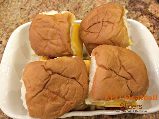 BBQ Meatball Sliders | Can't Stay Out of the Kitchen | these outrageous #sliders are filled with cheesy #meatballs, dipped in #BBQsauce, smothered in #bacon and onions, topped with #cheese on #King'sHawaiianSweetRolls! AMAZING!