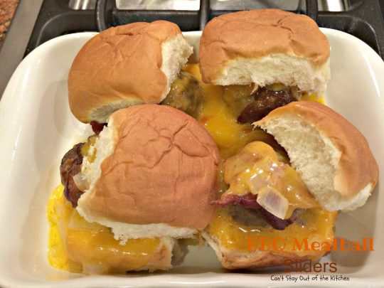 BBQ Meatball Sliders | Can't Stay Out of the Kitchen | these outrageous #sliders are filled with cheesy #meatballs, dipped in #BBQsauce, smothered in #bacon and onions, topped with #cheese on #King'sHawaiianSweetRolls! AMAZING!