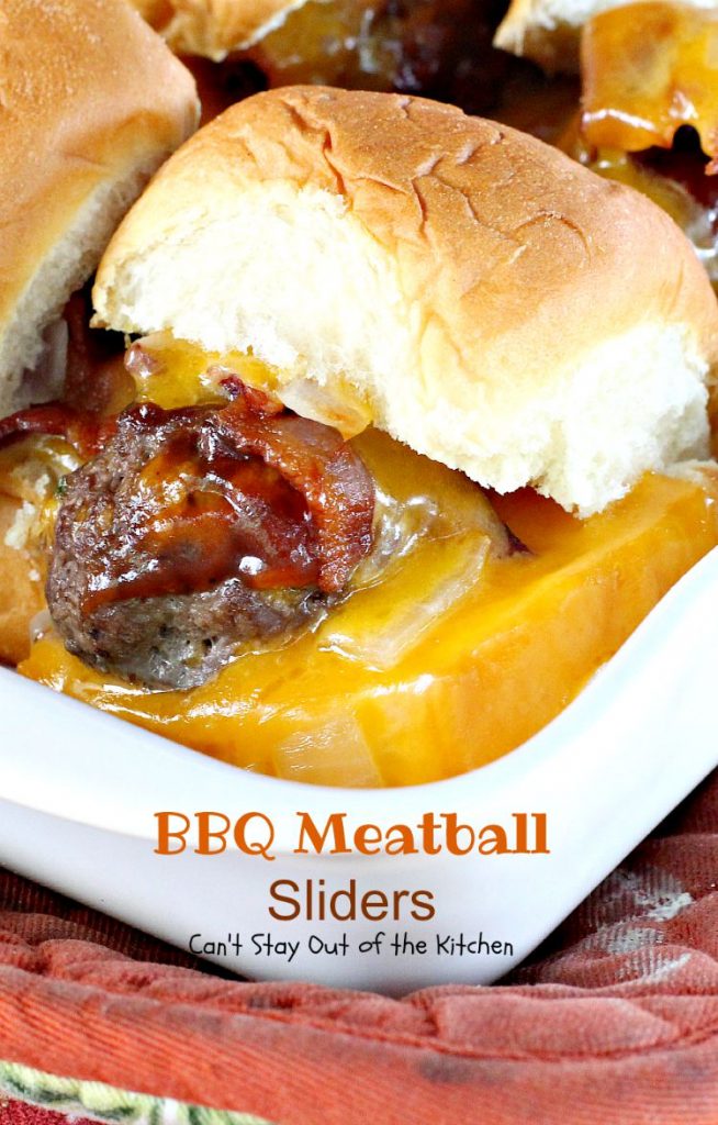 BBQ Meatball Sliders | Can't Stay Out of the Kitchen | these outrageous #sliders are filled with cheesy #meatballs, dipped in #BBQsauce, smothered in #bacon and onions, topped with #cheese on #King'sHawaiianSweetRolls! AMAZING!