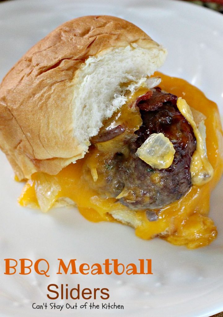 BBQ Meatball Sliders | Can't Stay Out of the Kitchen | these outrageous #sliders are filled with cheesy #meatballs, dipped in #BBQsauce, smothered in #bacon and onions, topped with #cheese on #King'sHawaiianSweetRolls! AMAZING!