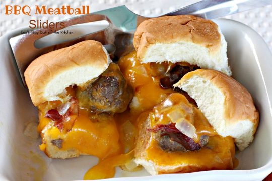 BBQ Meatball Sliders | Can't Stay Out of the Kitchen | these outrageous #sliders are filled with cheesy #meatballs, dipped in #BBQsauce, smothered in #bacon and onions, topped with #cheese on #King'sHawaiianSweetRolls! AMAZING!
