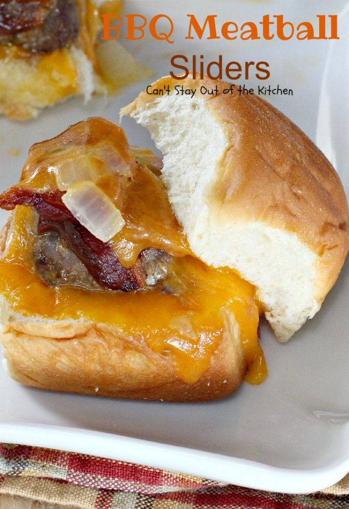 BBQ Meatball Sliders | Can't Stay Out of the Kitchen | these outrageous #sliders are filled with cheesy #meatballs, dipped in #BBQsauce, smothered in #bacon and onions, topped with #cheese on #King'sHawaiianSweetRolls! AMAZING!