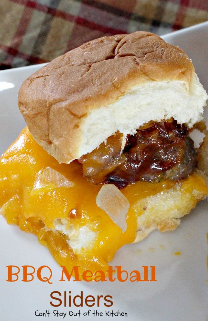 BBQ Meatball Sliders | Can't Stay Out of the Kitchen | these outrageous #sliders are filled with cheesy #meatballs, dipped in #BBQsauce, smothered in #bacon and onions, topped with #cheese on #King'sHawaiianSweetRolls! AMAZING!
