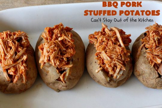 BBQ Pork Stuffed Potatoes | Can't Stay Out of the Kitchen | these amazing #StuffedPotatoes are filled with the best #BBQPork #recipe ever! Every bite is succulent & amazing. #pork #BBQ #GlutenFree #potatoes #BBQPorkStuffedPotatoes #BarbecuePork