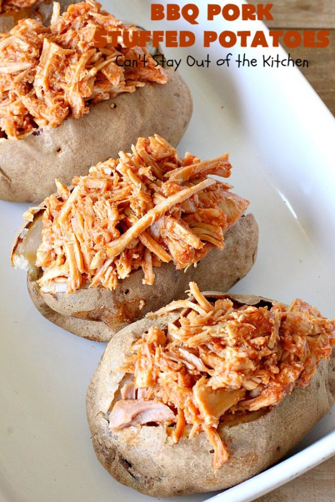 BBQ Pork Stuffed Potatoes | Can't Stay Out of the Kitchen | these amazing #StuffedPotatoes are filled with the best #BBQPork #recipe ever! Every bite is succulent & amazing. #pork #BBQ #GlutenFree #potatoes #BBQPorkStuffedPotatoes #BarbecuePork