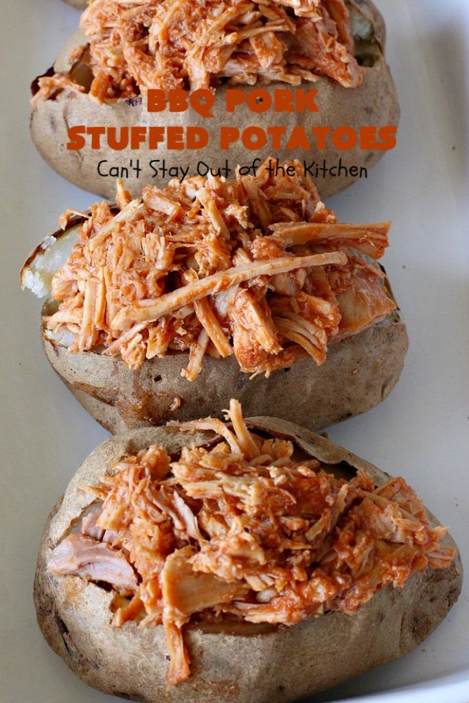 BBQ Pork Stuffed Potatoes | Can't Stay Out of the Kitchen | these amazing #StuffedPotatoes are filled with the best #BBQPork #recipe ever! Every bite is succulent & amazing. #pork #BBQ #GlutenFree #potatoes #BBQPorkStuffedPotatoes #BarbecuePork