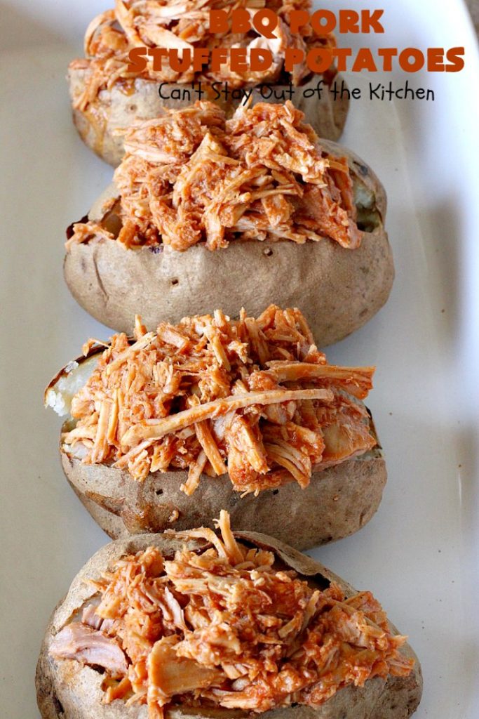 BBQ Pork Stuffed Potatoes | Can't Stay Out of the Kitchen | these amazing #StuffedPotatoes are filled with the best #BBQPork #recipe ever! Every bite is succulent & amazing. #pork #BBQ #GlutenFree #potatoes #BBQPorkStuffedPotatoes #BarbecuePork