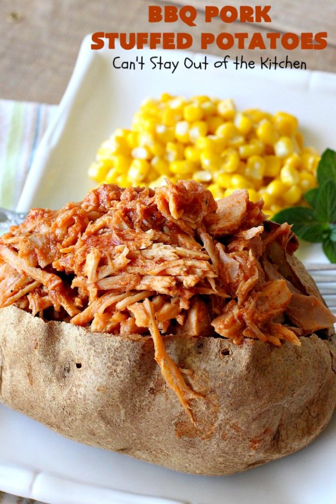 BBQ Pork Stuffed Potatoes | Can't Stay Out of the Kitchen | these amazing #StuffedPotatoes are filled with the best #BBQPork #recipe ever! Every bite is succulent & amazing. #pork #BBQ #GlutenFree #potatoes #BBQPorkStuffedPotatoes #BarbecuePork
