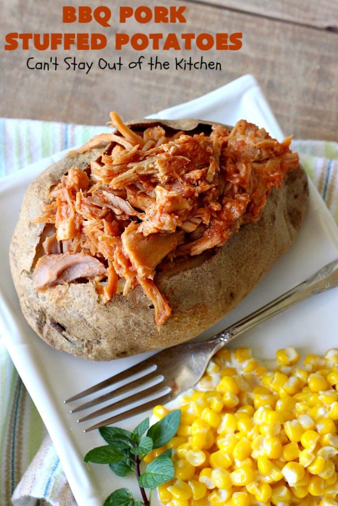 BBQ Pork Stuffed Potatoes | Can't Stay Out of the Kitchen | these amazing #StuffedPotatoes are filled with the best #BBQPork #recipe ever! Every bite is succulent & amazing. #pork #BBQ #GlutenFree #potatoes #BBQPorkStuffedPotatoes #BarbecuePork