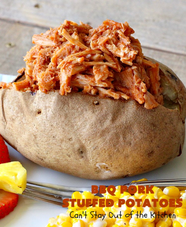 BBQ Pork Stuffed Potatoes | Can't Stay Out of the Kitchen | these amazing #StuffedPotatoes are filled with the best #BBQPork #recipe ever! Every bite is succulent & amazing. #pork #BBQ #GlutenFree #potatoes #BBQPorkStuffedPotatoes #BarbecuePork