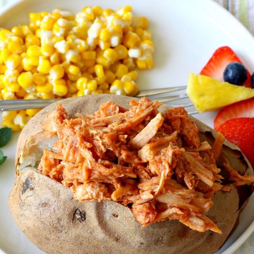BBQ Pork Stuffed Potatoes | Can't Stay Out of the Kitchen | these amazing #StuffedPotatoes are filled with the best #BBQPork #recipe ever! Every bite is succulent & amazing. #pork #BBQ #GlutenFree #potatoes #BBQPorkStuffedPotatoes #BarbecuePork